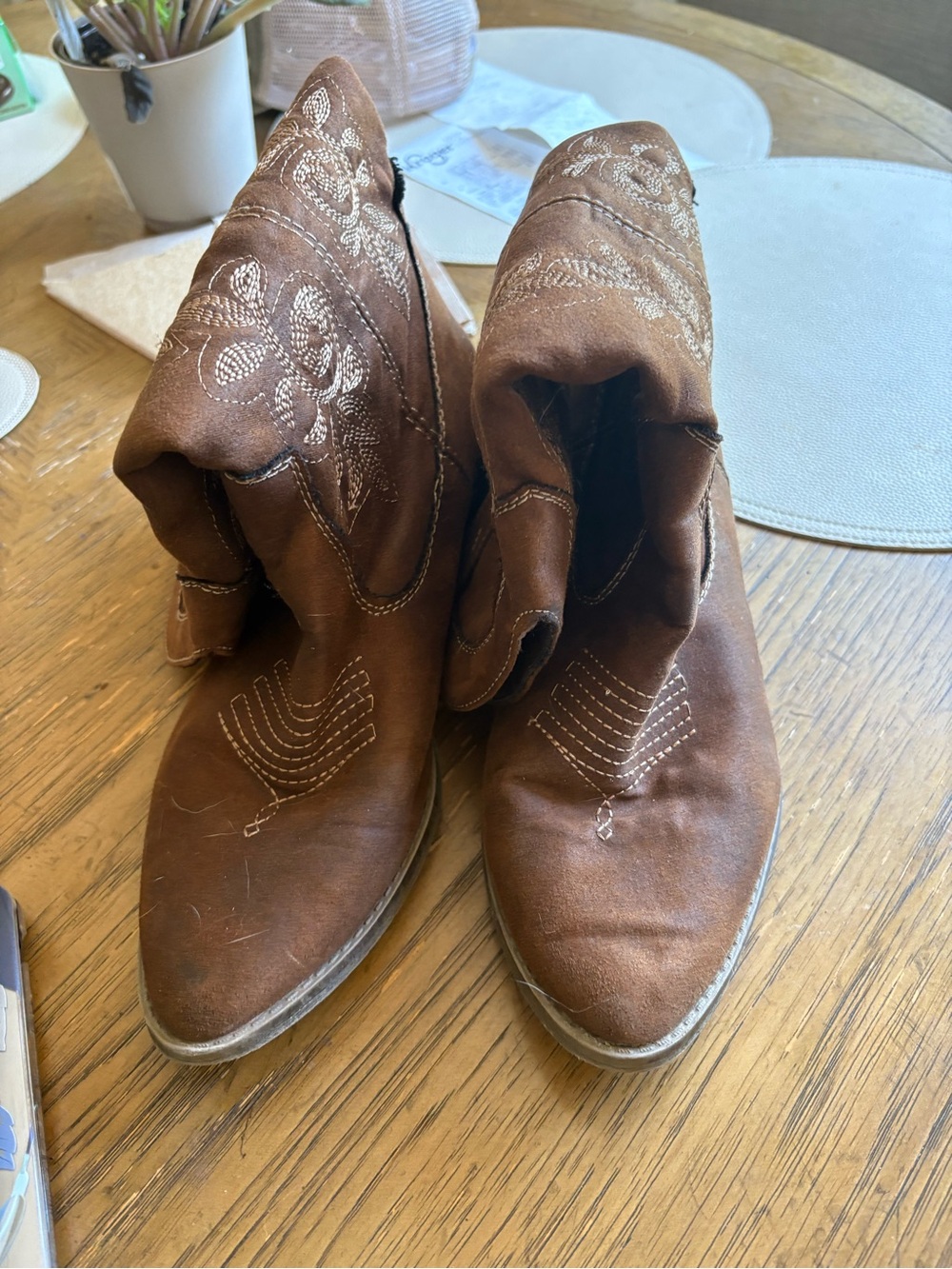 Brown Suede Western Embroidered Ankle Boots
